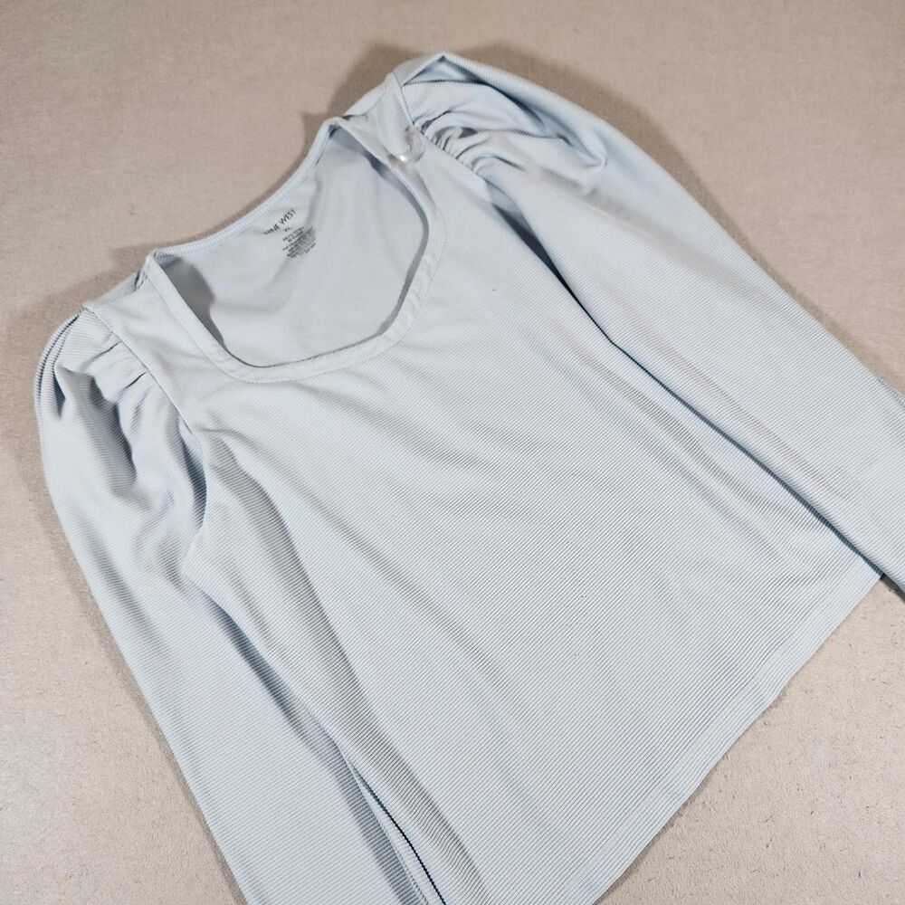 Nine West Sweetheart Neckline Gathered Sleeve Top Light Blue Ribbed Size XL